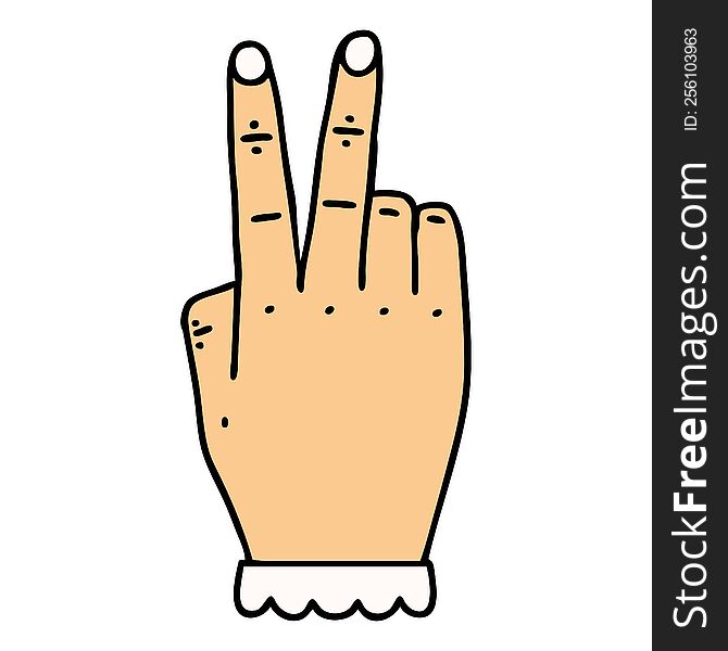 Retro Tattoo Style hand raising two fingers gesture. Retro Tattoo Style hand raising two fingers gesture