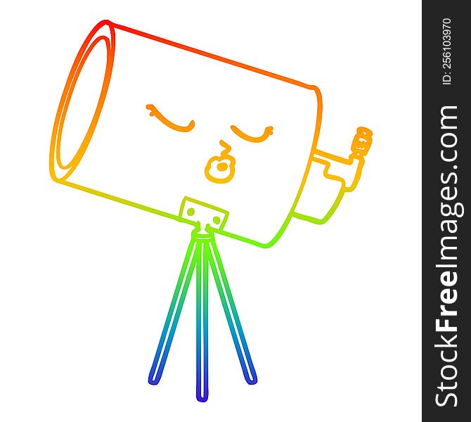 rainbow gradient line drawing of a cartoon telescope with face