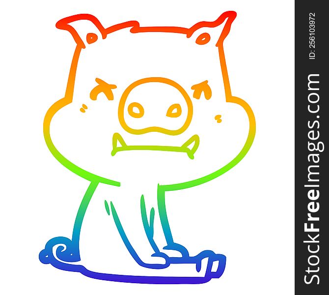 Rainbow Gradient Line Drawing Angry Cartoon Pig Sitting