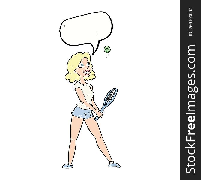 Cartoon Woman Playing Tennis With Speech Bubble