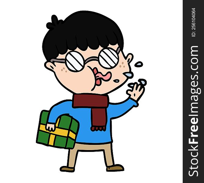 cartoon boy wearing spectacles with christmas gift. cartoon boy wearing spectacles with christmas gift