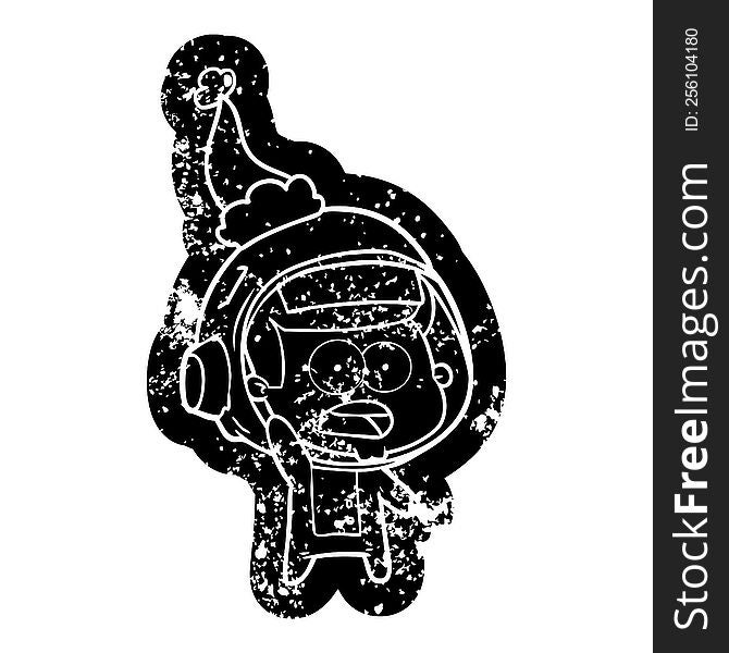Cartoon Distressed Icon Of A Surprised Astronaut Wearing Santa Hat