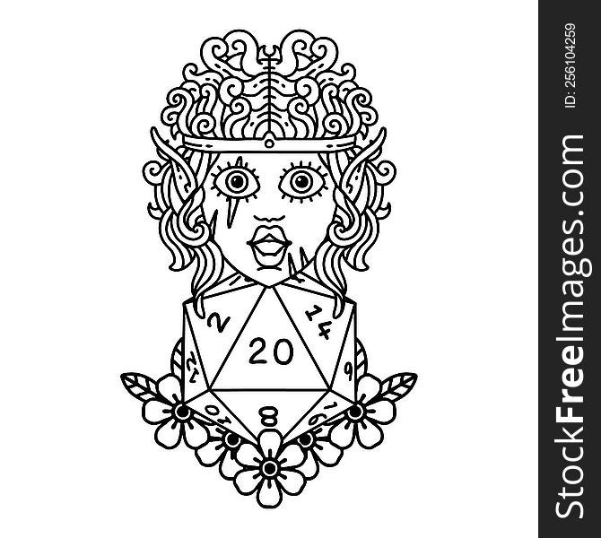 Black and White Tattoo linework Style elf barbarian character with natural twenty dice roll. Black and White Tattoo linework Style elf barbarian character with natural twenty dice roll