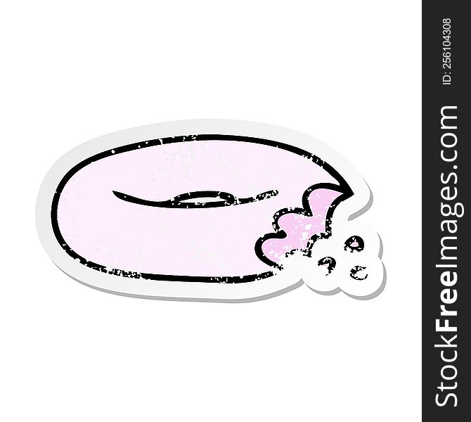 Distressed Sticker Of A Quirky Hand Drawn Cartoon Bitten Donut