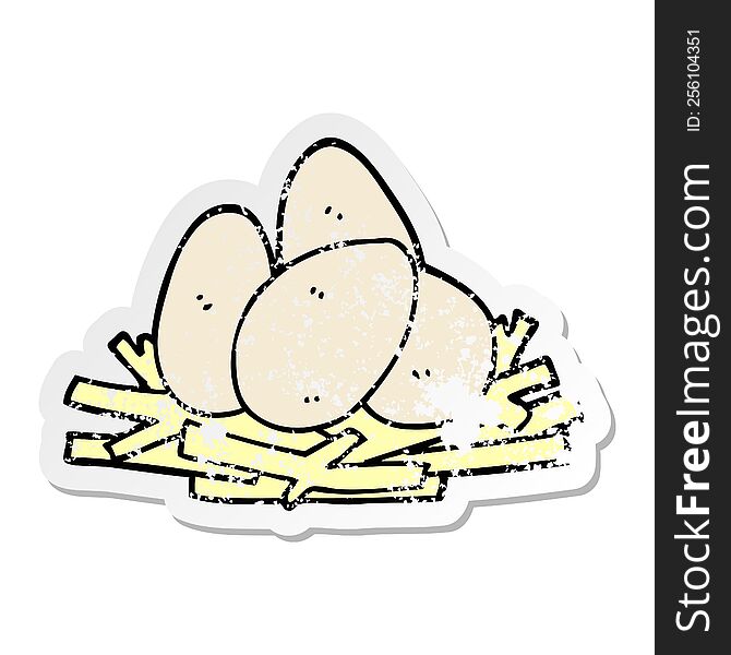 distressed sticker of a cartoon eggs in nest