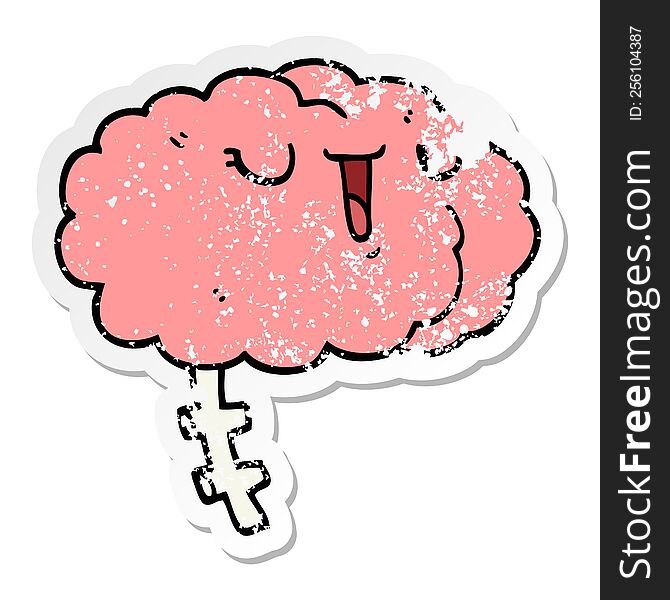 distressed sticker of a happy cartoon brain