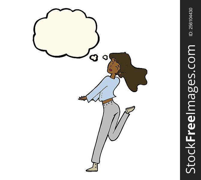 cartoon happy girl kicking out leg with thought bubble