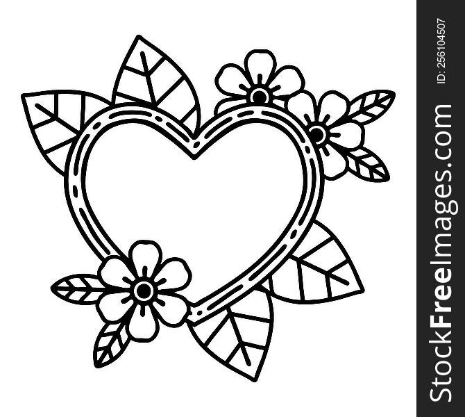 tattoo in black line style of a botanical heart. tattoo in black line style of a botanical heart