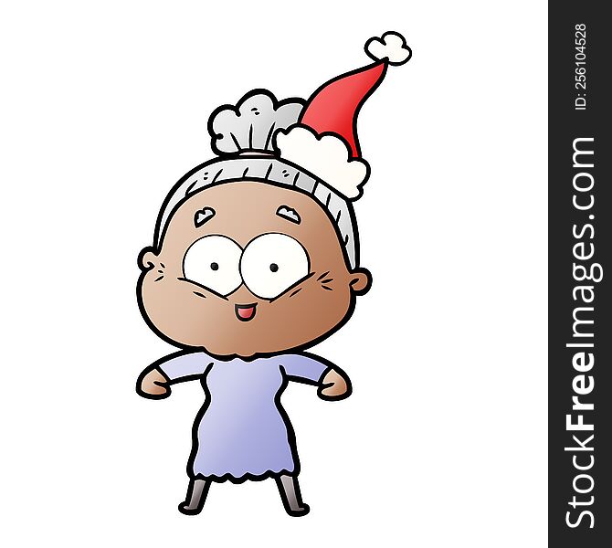 hand drawn gradient cartoon of a happy old woman wearing santa hat