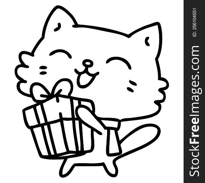line doodle of a happy little cat holding a christmas present. line doodle of a happy little cat holding a christmas present