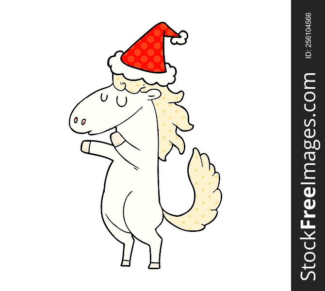 Comic Book Style Illustration Of A Horse Wearing Santa Hat