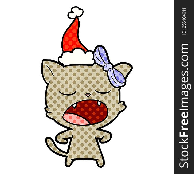 Comic Book Style Illustration Of A Yawning Cat Wearing Santa Hat