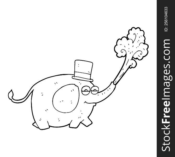 freehand drawn black and white cartoon elephant squirting water