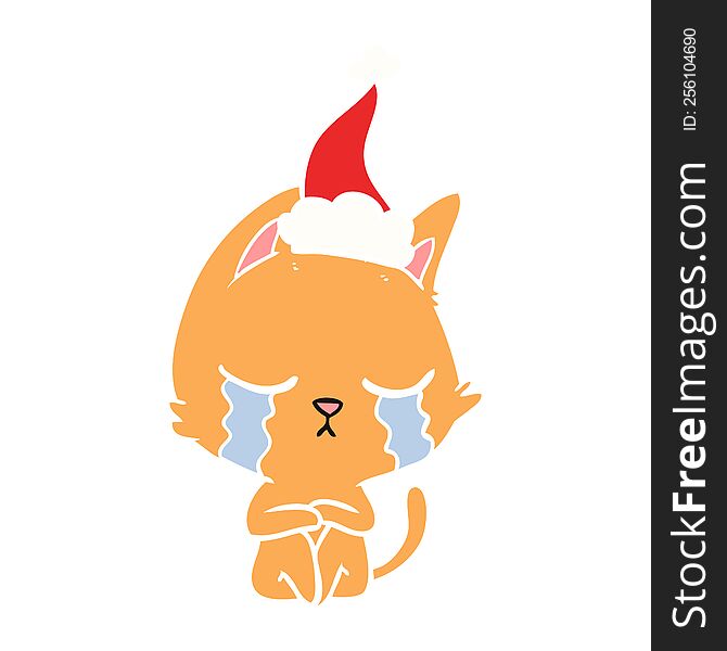 crying hand drawn flat color illustration of a cat sitting wearing santa hat