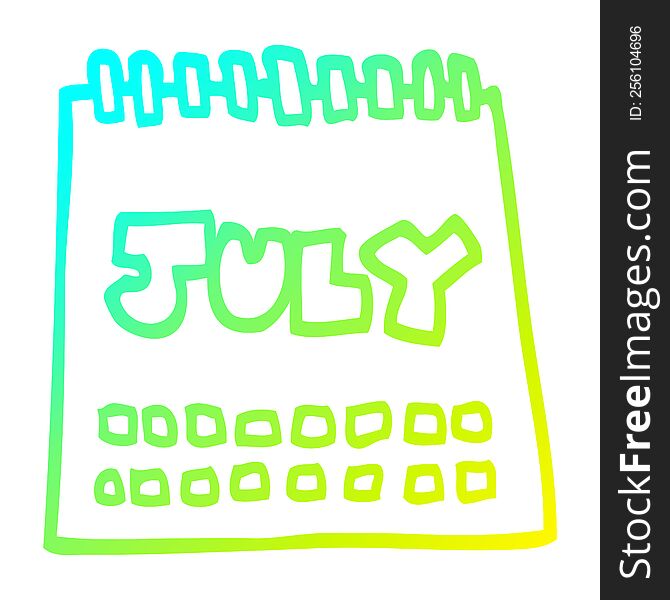 cold gradient line drawing of a cartoon calendar showing month of july