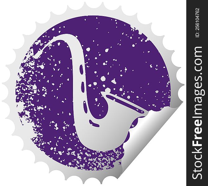 distressed circular peeling sticker symbol of a musical saxophone