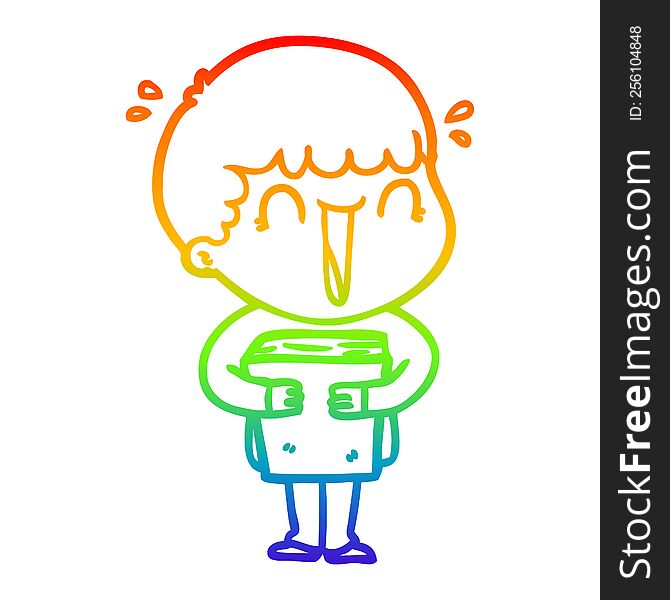 Rainbow Gradient Line Drawing Laughing Cartoon Man Holding Book