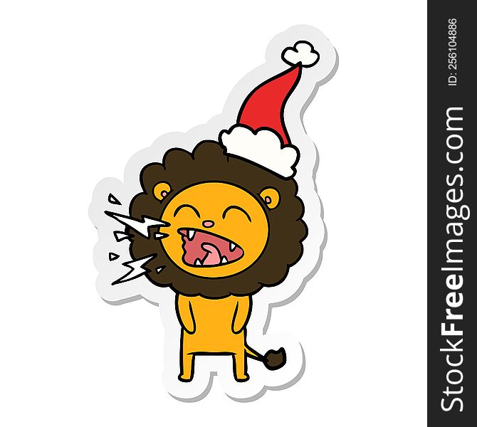 Sticker Cartoon Of A Roaring Lion Wearing Santa Hat