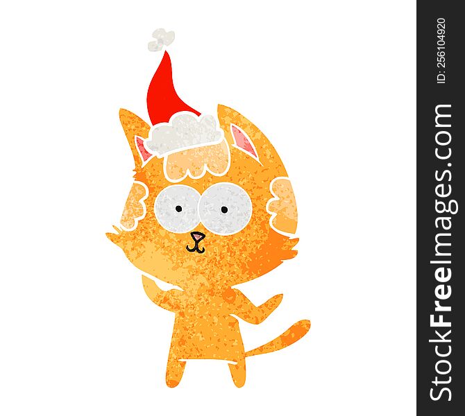happy hand drawn retro cartoon of a cat wearing santa hat. happy hand drawn retro cartoon of a cat wearing santa hat