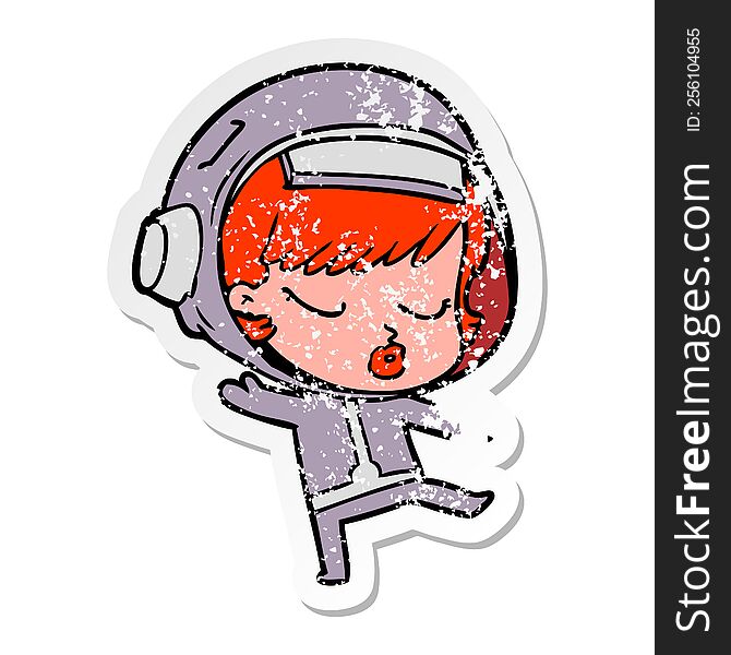 Distressed Sticker Of A Cartoon Pretty Astronaut Girl Dancing