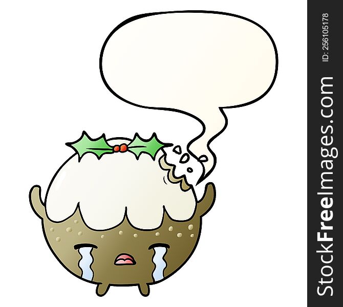 Cartoon Christmas Pudding Crying And Speech Bubble In Smooth Gradient Style