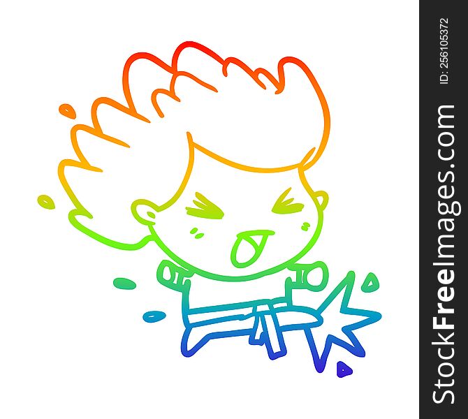 rainbow gradient line drawing of a cute kicking karate champion