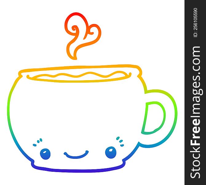 rainbow gradient line drawing of a cartoon hot cup of coffee