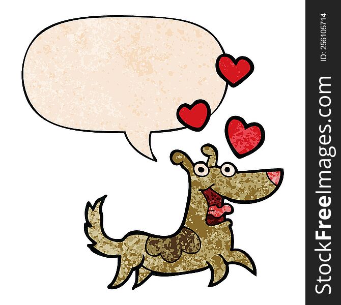 cartoon dog and love hearts and speech bubble in retro texture style