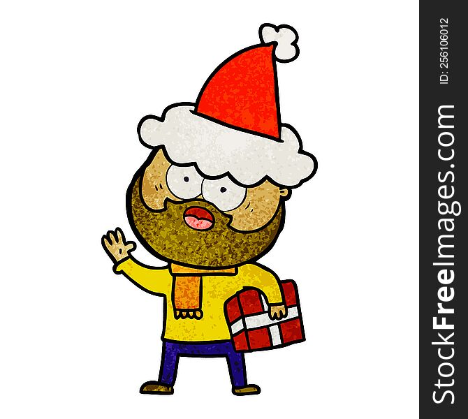 hand drawn textured cartoon of a bearded man with present wearing santa hat