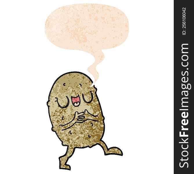Cartoon Happy Potato And Speech Bubble In Retro Textured Style