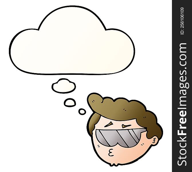 cartoon boy wearing sunglasses with thought bubble in smooth gradient style