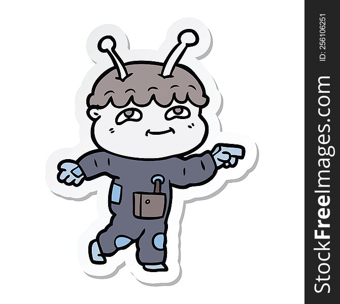 Sticker Of A Friendly Cartoon Spaceman Pointing