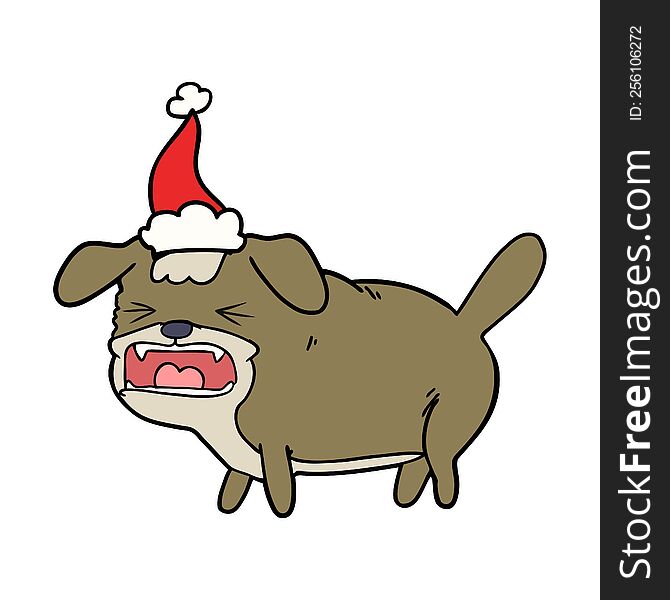 hand drawn line drawing of a dog barking wearing santa hat