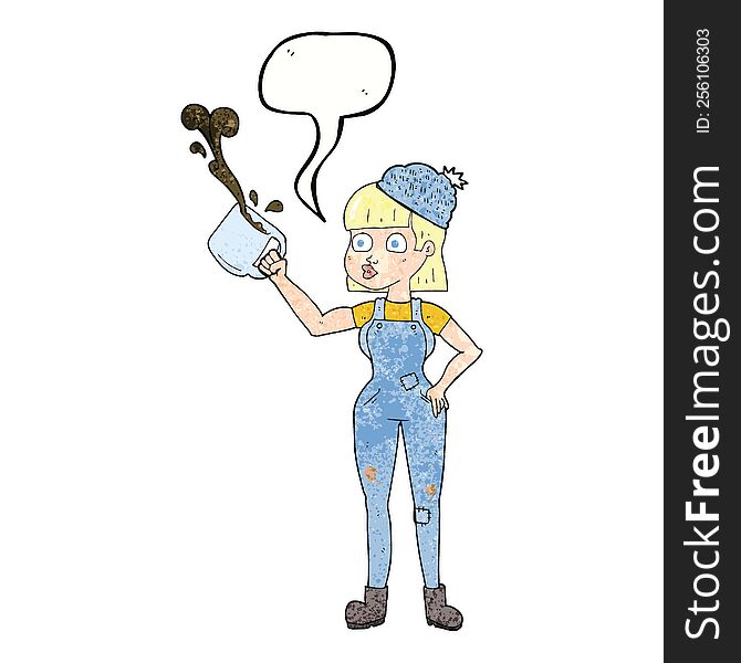 Texture Speech Bubble Cartoon Female Worker With Coffee Mug