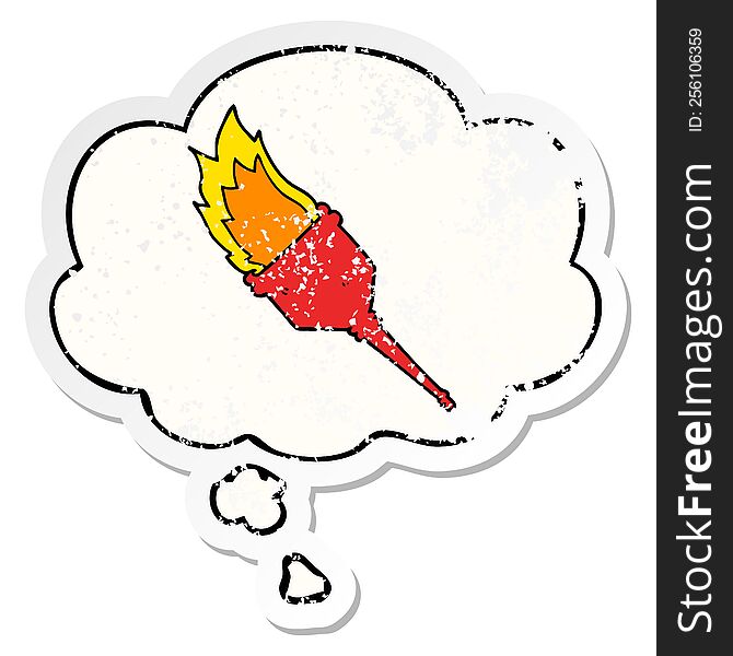 Cartoon Flaming Torch And Thought Bubble As A Distressed Worn Sticker