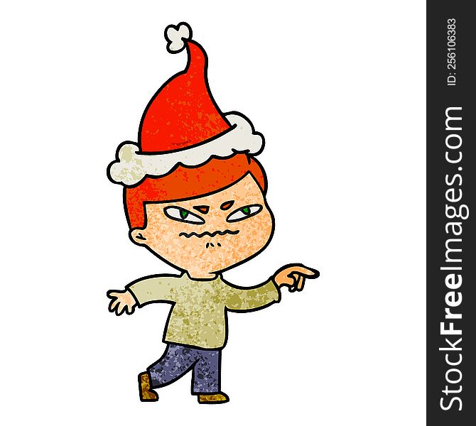 hand drawn textured cartoon of a angry man pointing wearing santa hat
