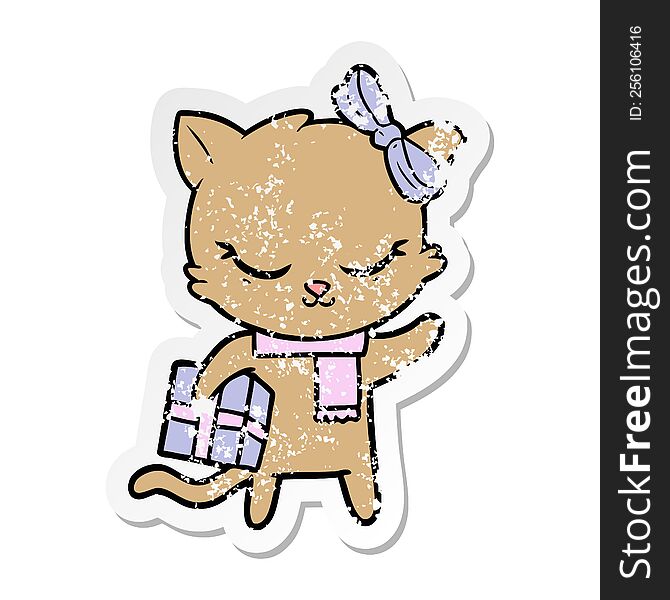 Distressed Sticker Of A Cute Cartoon Cat With Present