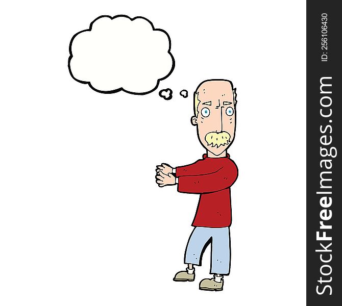 cartoon balding man explaining with thought bubble