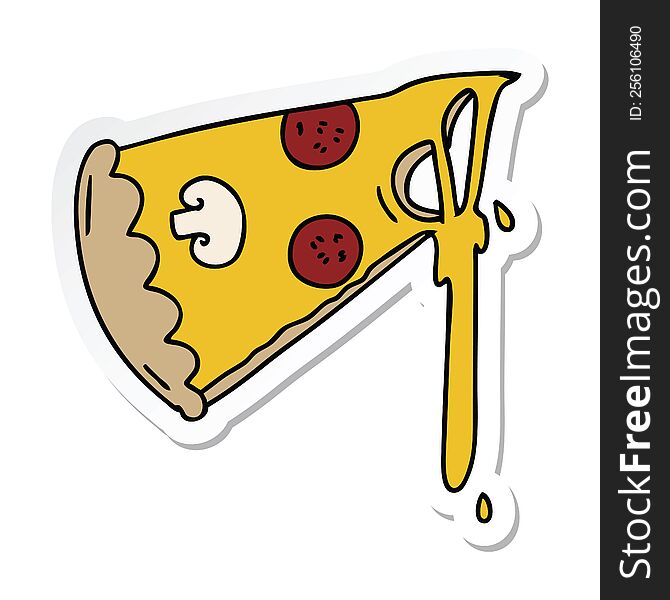 sticker of a quirky hand drawn cartoon slice of pizza