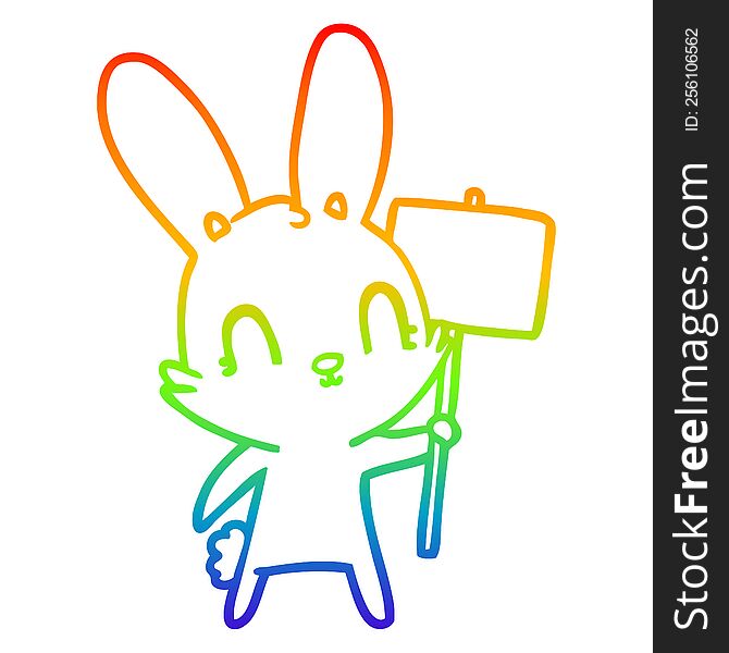 Rainbow Gradient Line Drawing Cute Cartoon Rabbit With Sign