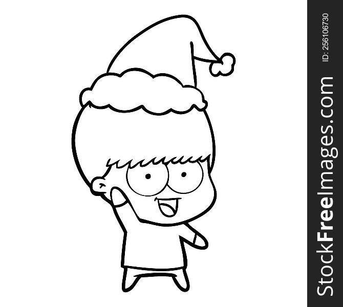 happy hand drawn line drawing of a boy waving wearing santa hat. happy hand drawn line drawing of a boy waving wearing santa hat