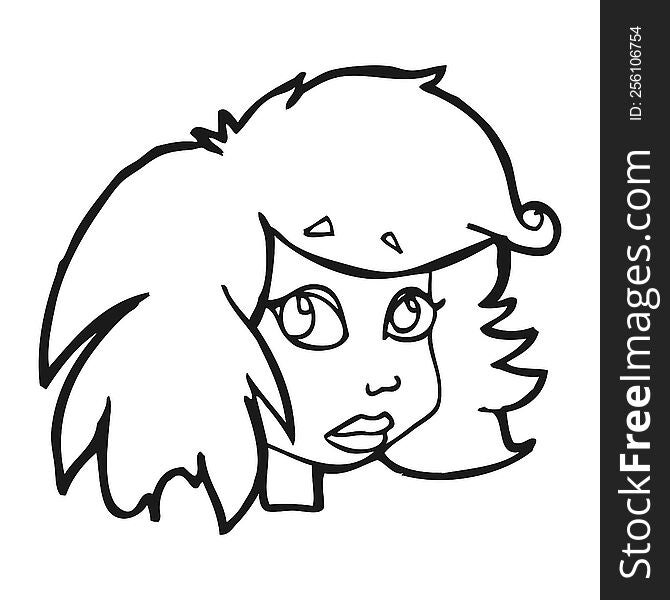 freehand drawn black and white cartoon female face