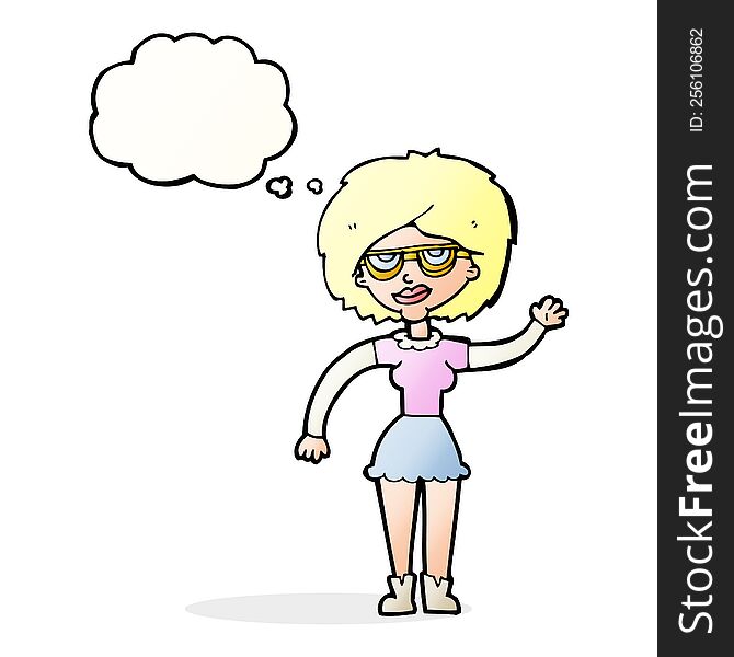 Cartoon Waving Woman Wearing Spectacles With Thought Bubble