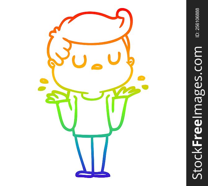 rainbow gradient line drawing of a cartoon aloof man shrugging shoulders