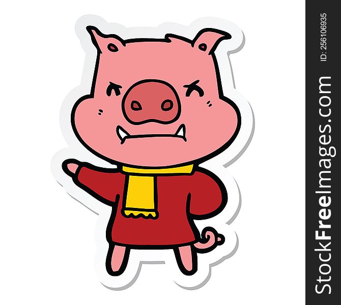 sticker of a angry cartoon pig in winter clothes