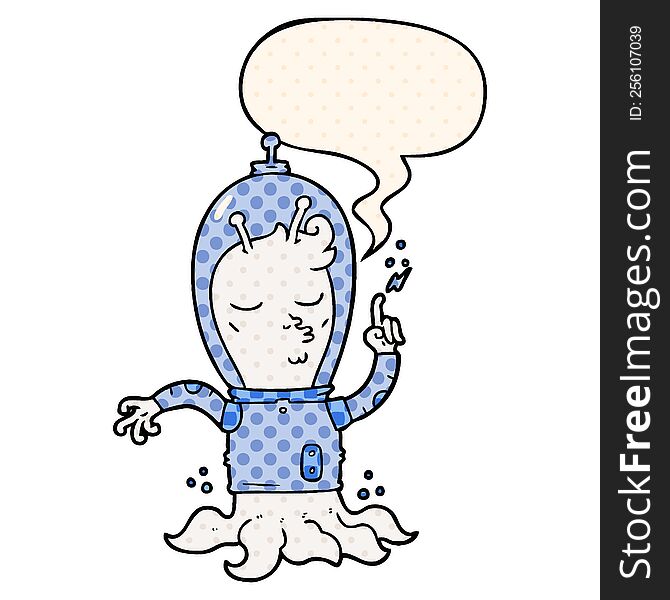 cartoon alien with speech bubble in comic book style