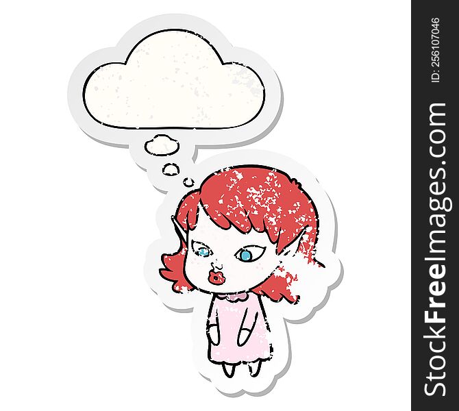 cartoon elf girl with pointy ears with thought bubble as a distressed worn sticker