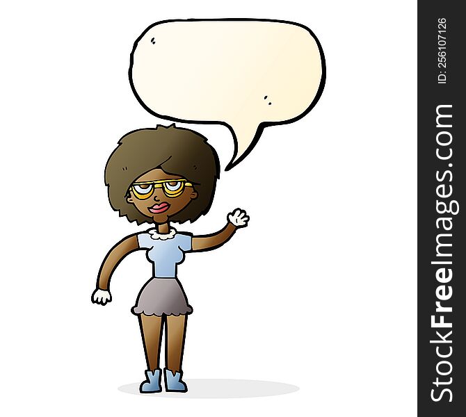 Cartoon Waving Woman Wearing Spectacles With Speech Bubble