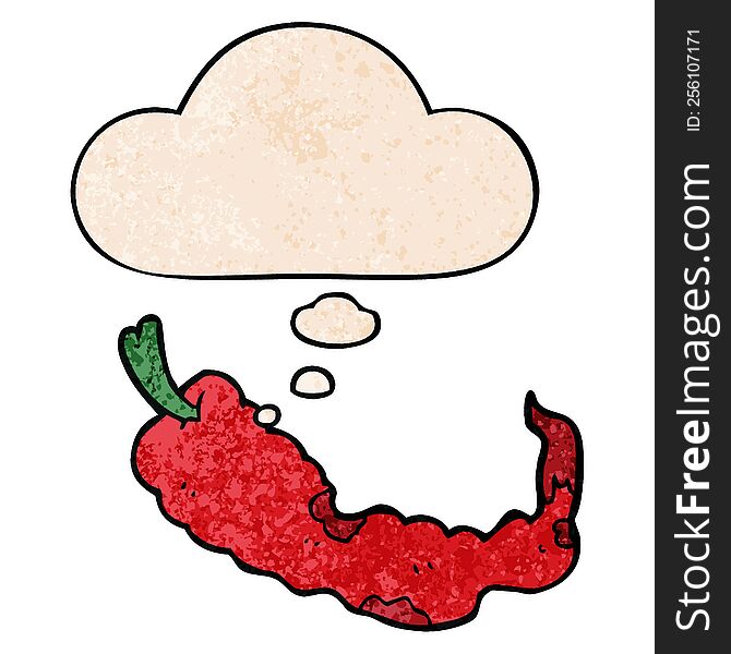 Cartoon Chili Pepper And Thought Bubble In Grunge Texture Pattern Style