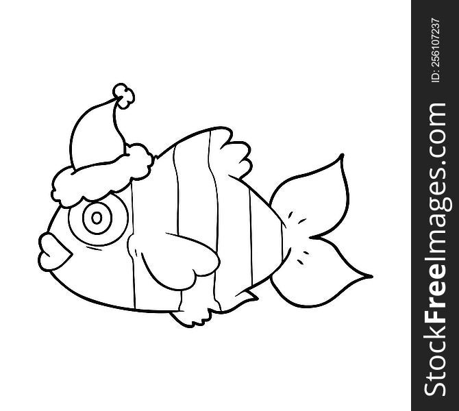 hand drawn line drawing of a exotic fish wearing santa hat